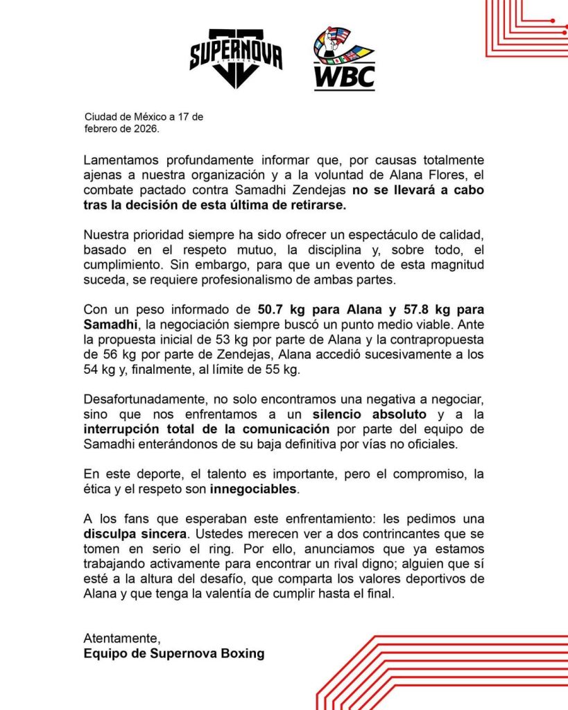 Se cancela el combate entre Alana Flores y Samadhi Zendejas